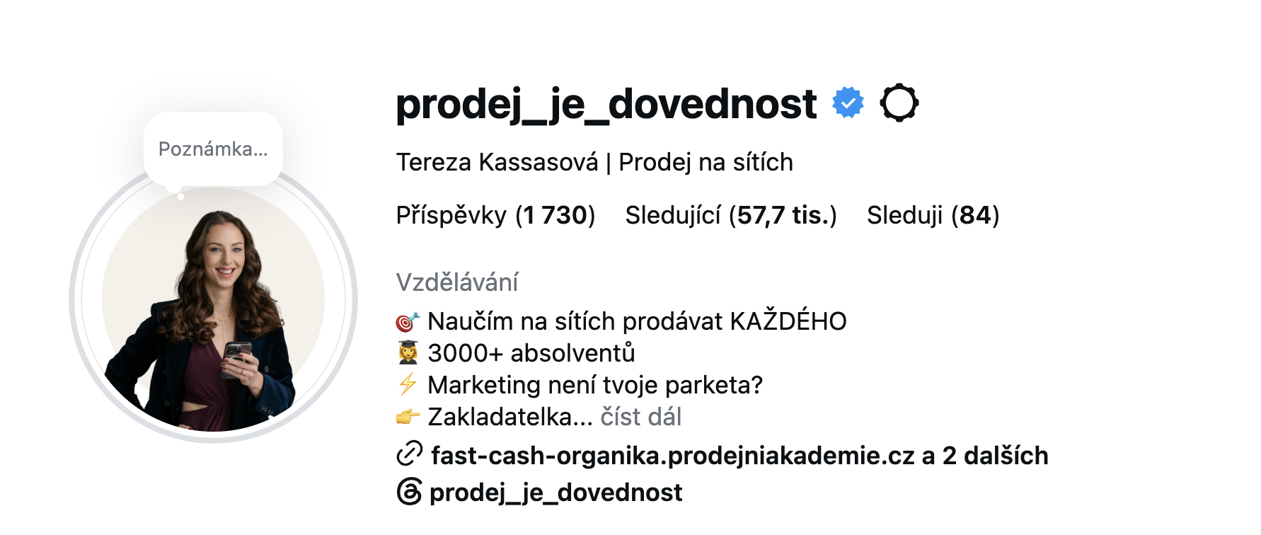 Instagram profil @prodej_je_dovednost, Tereza Kassasová